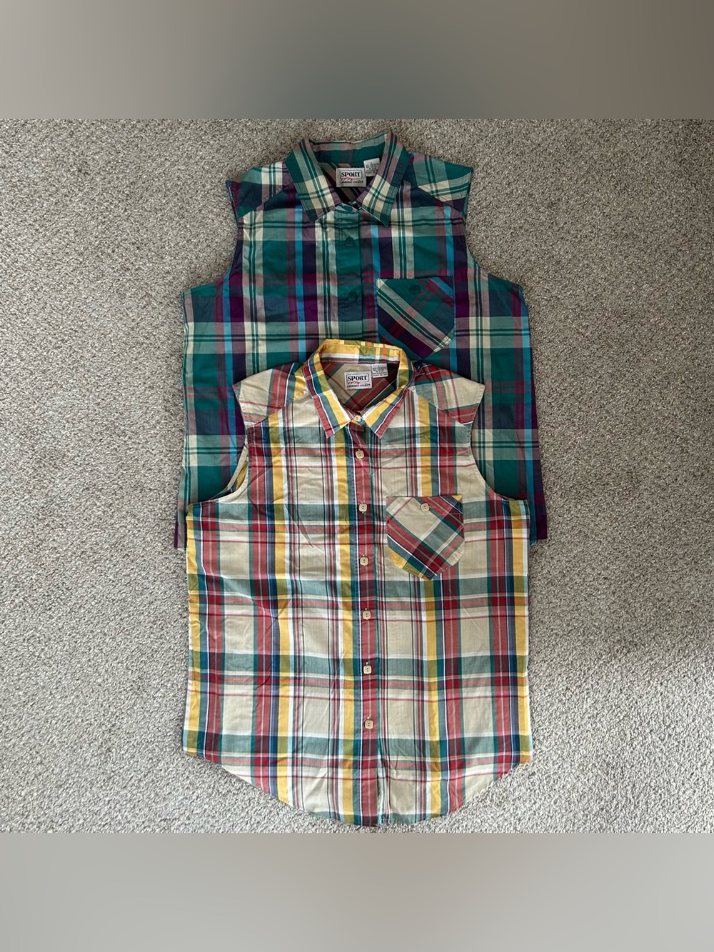 TWO Vintage 90s Sport Carriage Court Plaid Button Sleeveless Shirt Vests Large